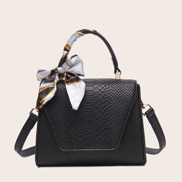 

Bow Knot Decor Croc Embossed Satchel Bag, Black