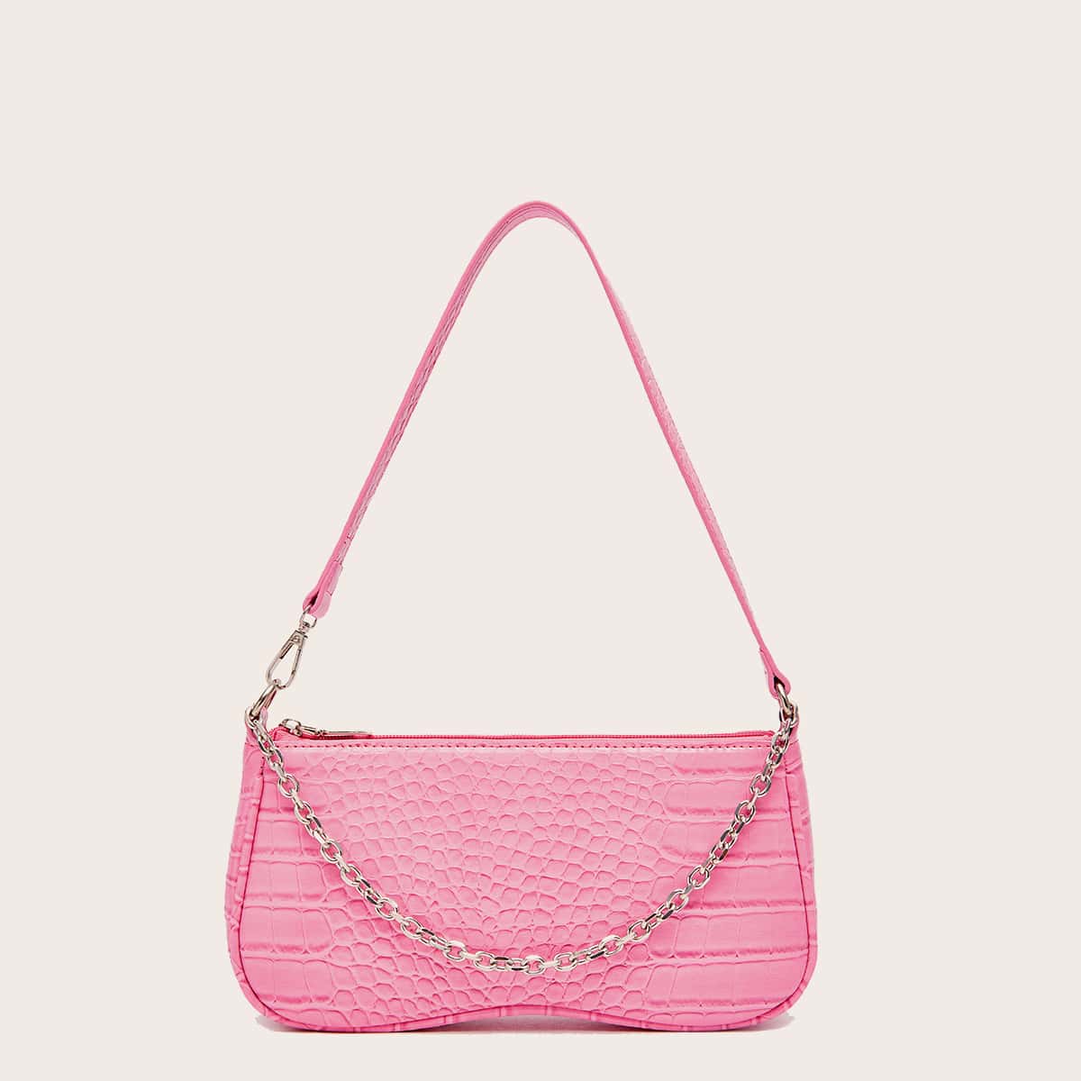 

Croc Embossed Chain Baguette Bag, Pink
