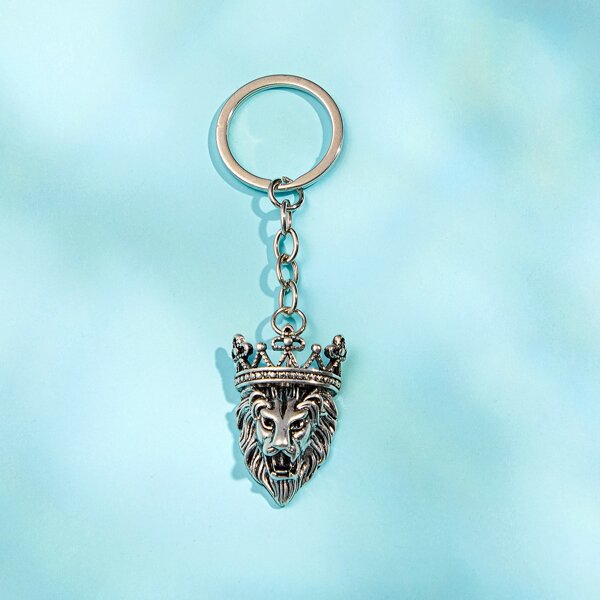 

Men Lion Head Charm Keychain, Silver