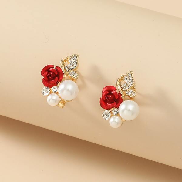 

Faux Pearl & Flower Decor Stud Earrings, Red