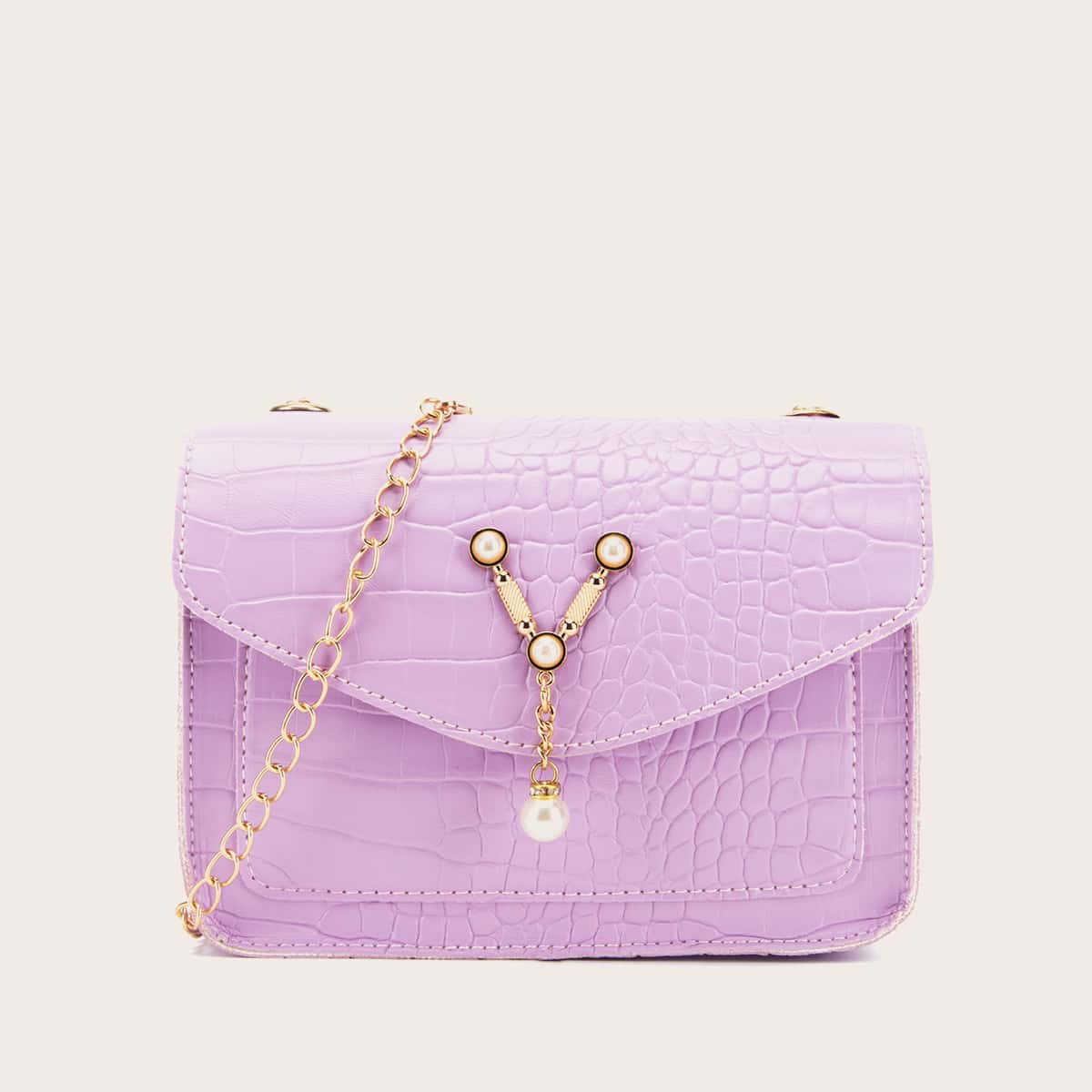 

Faux Pearl Decor Crocodile Crossbody Bag, Purple