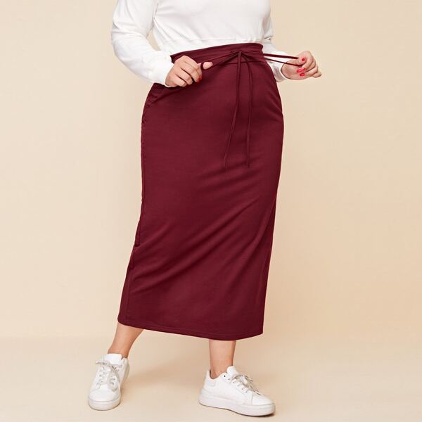 

Plus Drawstring Waist Split Back Skirt, Maroon