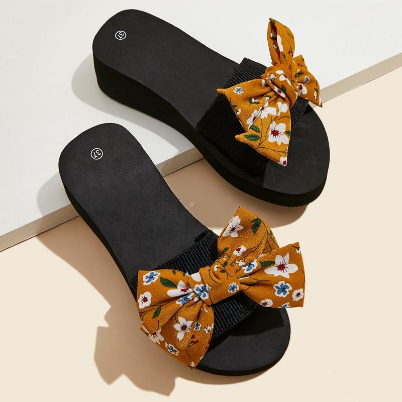 

Bow Decor Floral Graphic Wedge Mules, Yellow