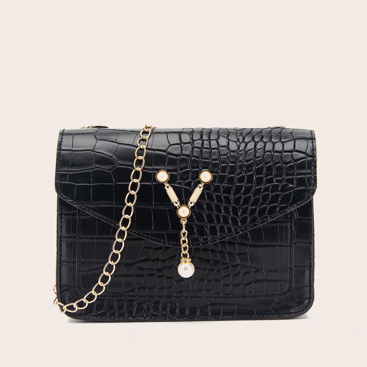 

Faux Pearl Decor Crocodile Crossbody Bag, Black