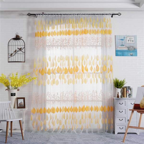 

Leaf Print Single Panel Sheer Curtain, Yellow