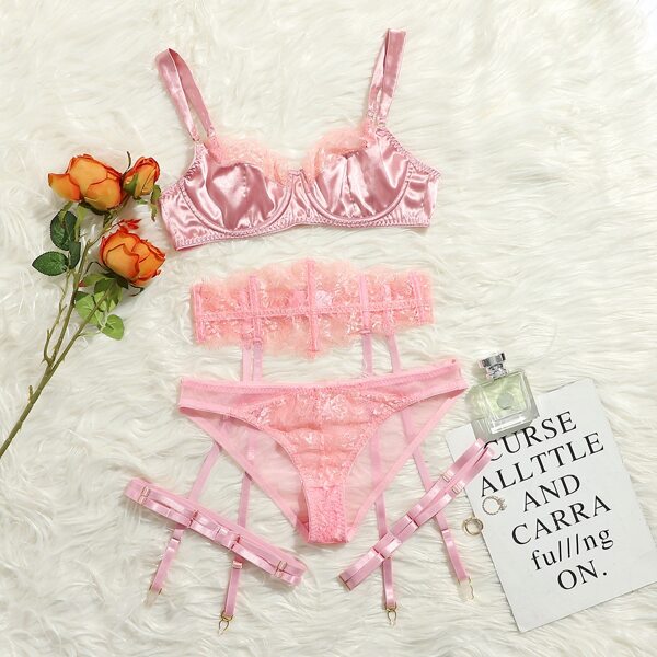 

4pack Floral Lace Underwire Garter Lingerie Set, Pink