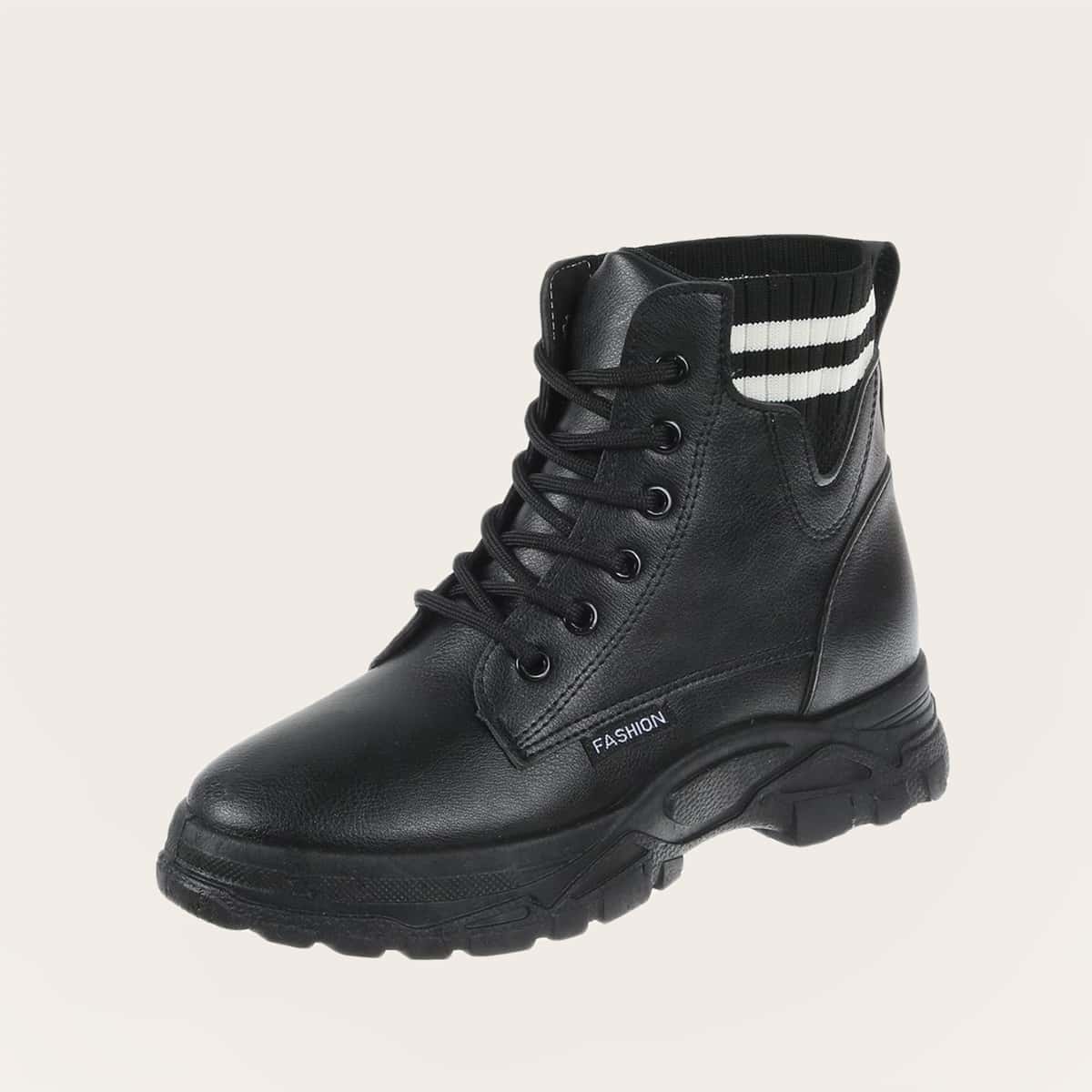 

Lace-up Front Knit Panel Ankle Boots, Black