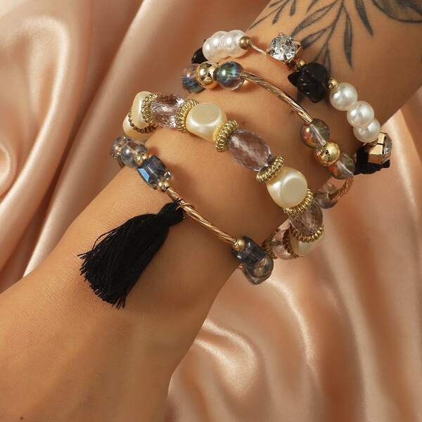 

4pcs Tassel Decor Beaded Bracelet, Black