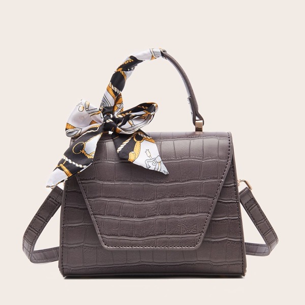 

Bow Knot Decor Croc Embossed Satchel Bag, Grey