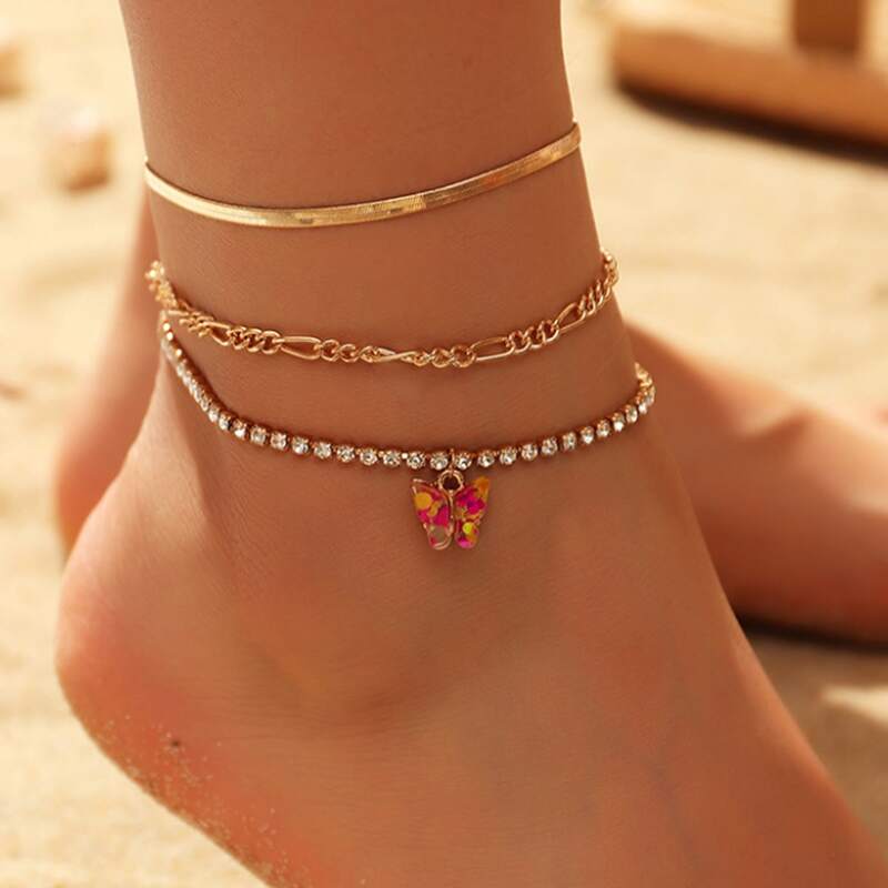 

3pcs Rhinestone Butterfly Anklet, Gold