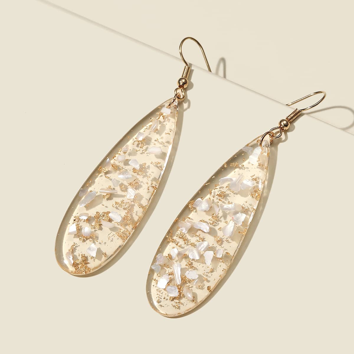

Gold Foil Detail Water-drop Earrings, Clear