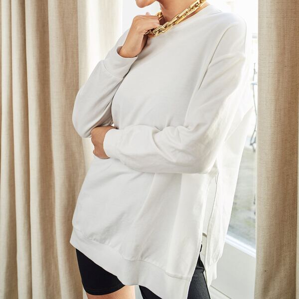 

Drop Shoulder Split Side Pullover, White