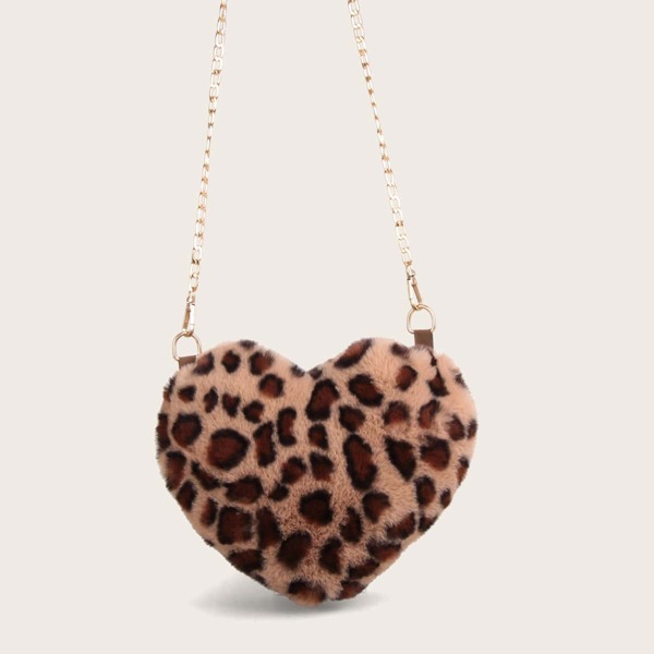 

Leopard Heart Shaped Fluffy Chain Bag, Multicolor