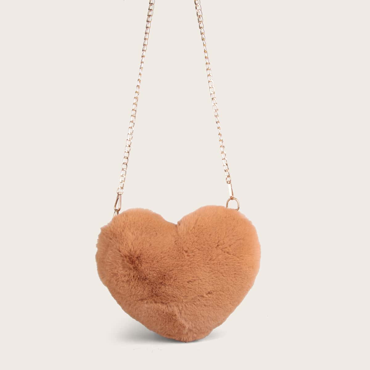 

Heart Shaped Fluffy Chain Bag, Brown