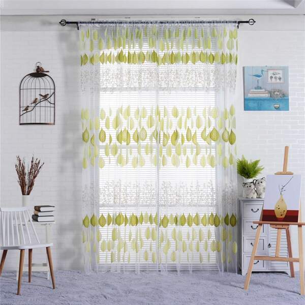 

Leaf Print Single Panel Sheer Curtain, Green