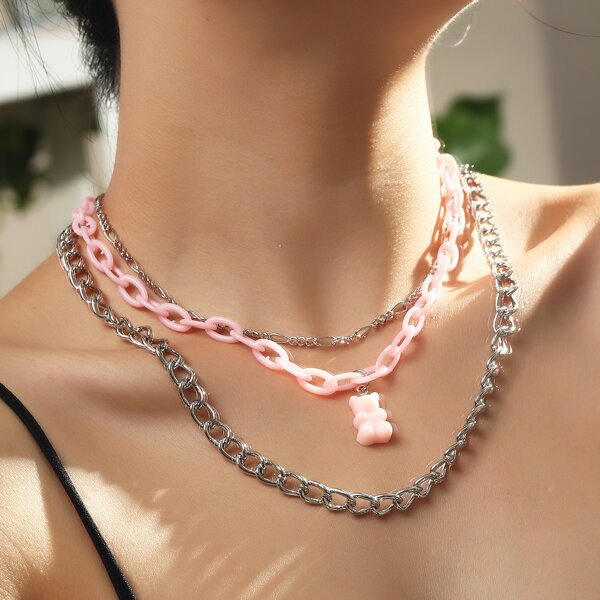 

Bear Charm Layered Necklace, Pink