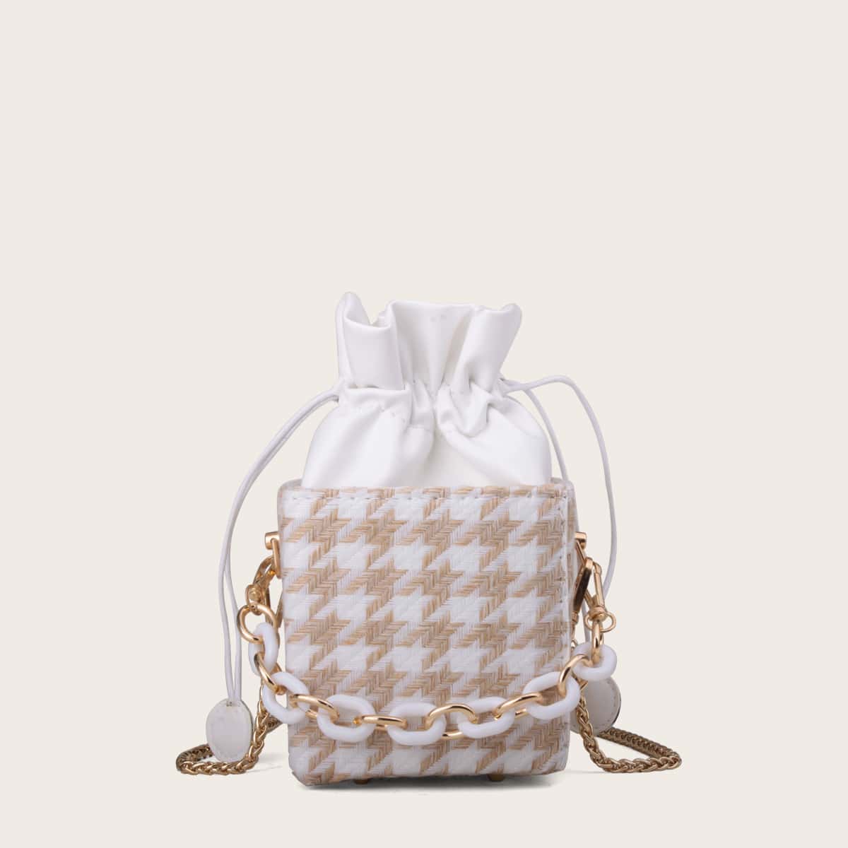 

Mini Drawstring Decor Houndstooth Satchel Bag, Multicolor