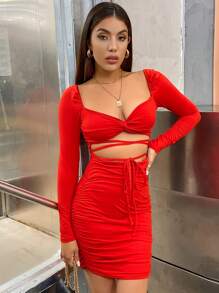 SHEIN Allurite Vestido fruncido con cordón girante delantero - Rojo - Ver 3