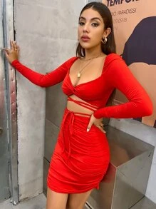 SHEIN Allurite Vestido fruncido con cordón girante delantero - Rojo - Ver 1