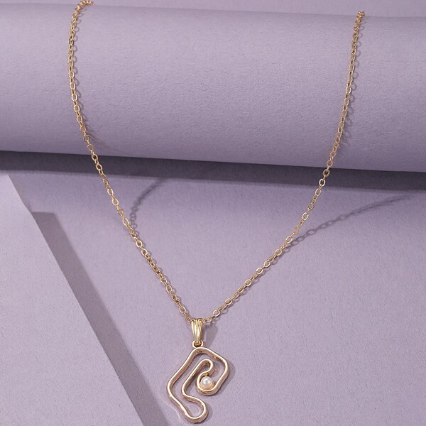 

Faux Pearl Decor Abstract Charm Necklace, Gold