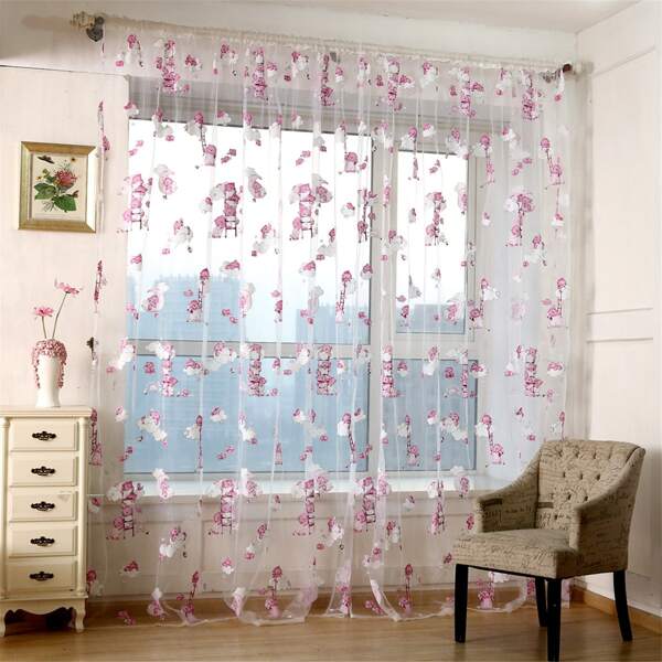 

Cartoon Bear Print Single Panel Sheer Curtain, Pink