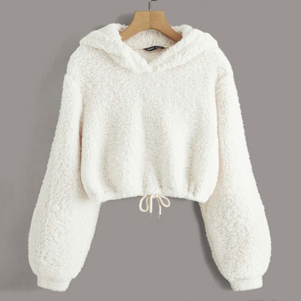 

Plus Solid Drawstring Hem Teddy Hoodie, White