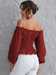 SHEIN Holidaya Áo sơ mi viền lá sen màu trơn Thanh lịch - Màu Đỏ Sâu - Xem 2