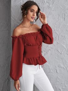 SHEIN Holidaya Áo sơ mi viền lá sen màu trơn Thanh lịch - Màu Đỏ Sâu - Xem 4