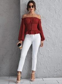 SHEIN Holidaya Áo sơ mi viền lá sen màu trơn Thanh lịch - Màu Đỏ Sâu - Xem 5