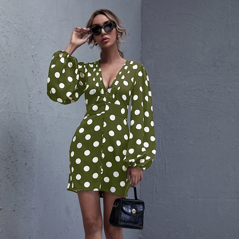 

Button Front Lantern Sleeve Polka-dot Dress, Lime green