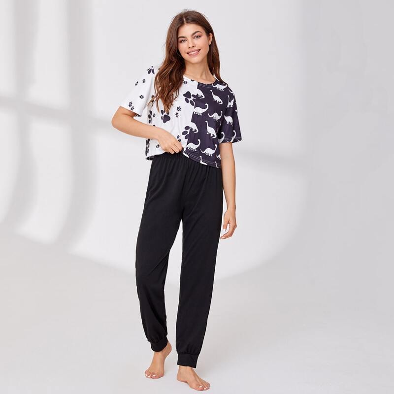

Cartoon Print Colorblock PJ Set, Black and white