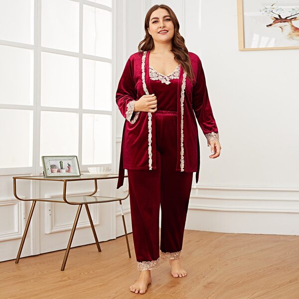 

3pcs Contrast Lace Belted Velvet Pajama Set, Burgundy