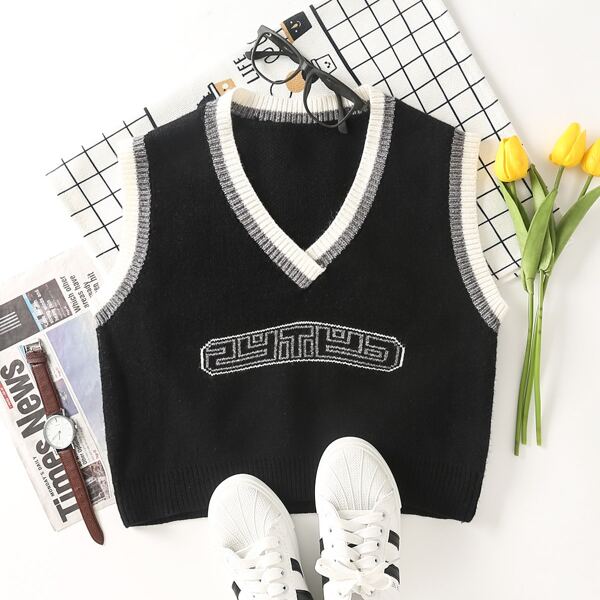 

Contrast Trim Geo Pattern Sweater Vest, Black