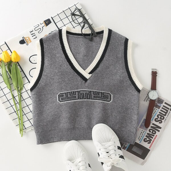 

Contrast Trim Geo Pattern Sweater Vest, Grey
