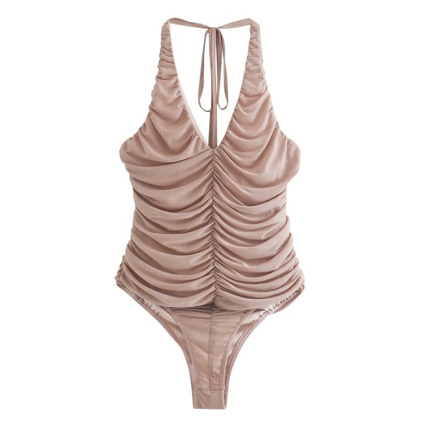 

Solid Ruched Tie Back Bodysuit, Dusty pink