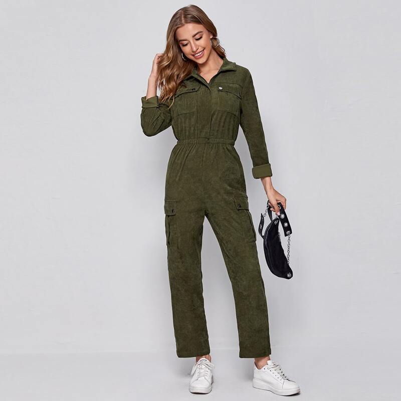 

Flap Pocket Detail Cord Shirt Jumpsuit, Army green