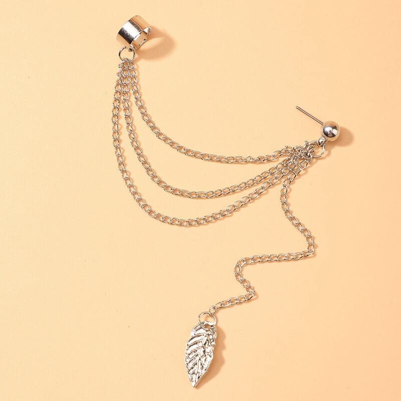 

1pc Leaf Chain Ear Cuff, Silver