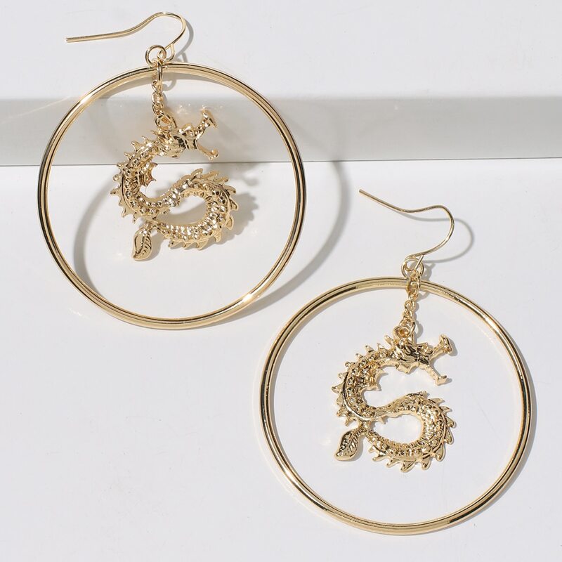 

Chinese Dragon Ring Drop Earrings, Gold