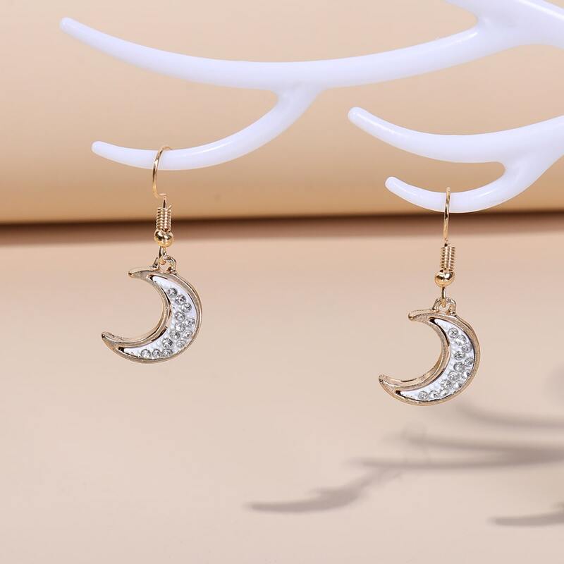 

Rhinestone Decor Moon Charm Drop Earrings, White