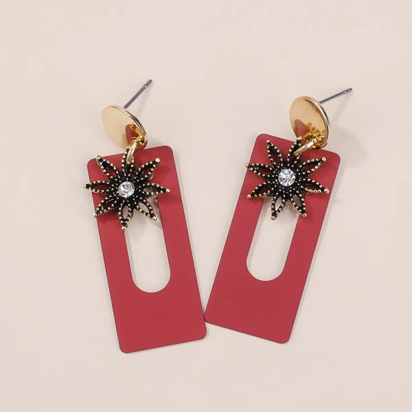 

Flower Decor Hollow Rectangle Earrings, Red