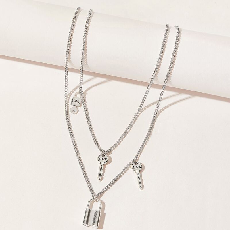 

2pcs Lock & Key Pendant Necklace, Silver