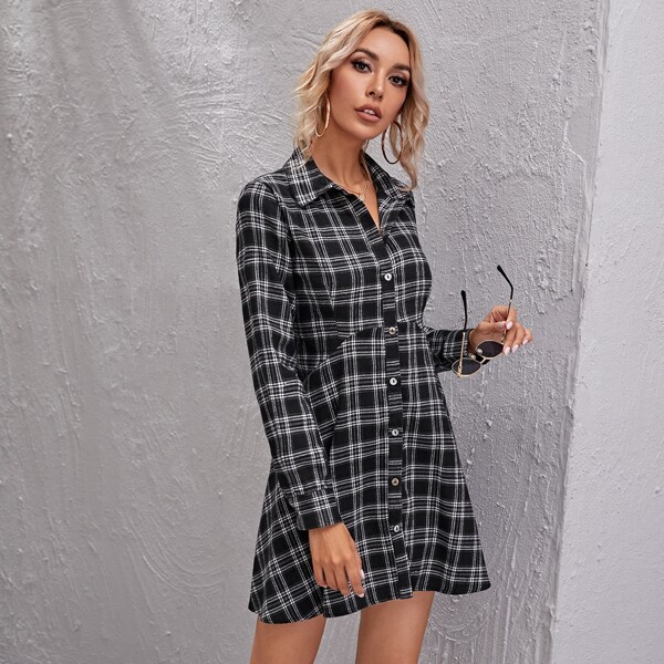 

Button Front Plaid Dress, Black and white