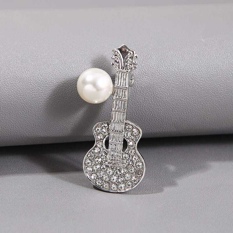 

Guys Rhinestone Guitar Brooch, Silver