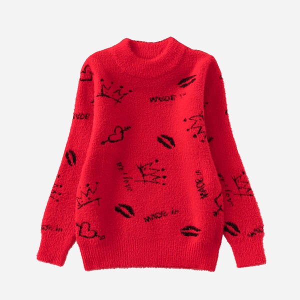 

Girls Lip & Crown Pattern Fluffy Knit Sweater, Red