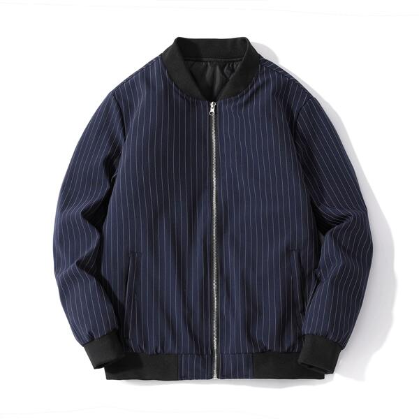 

Men Vertical Striped Bomber Jacket, Navy blue