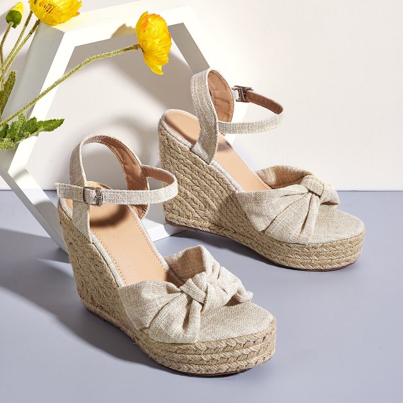 

Knot Front Canvas Espadrille Wedges, Beige