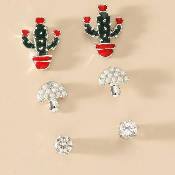 

3pairs Cactus & Mushroom Design Earrings, Multicolor