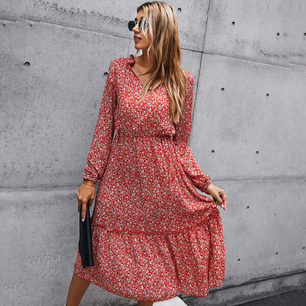 

Ditsy Floral Tie Neck Frill Trim Dress, Red and white