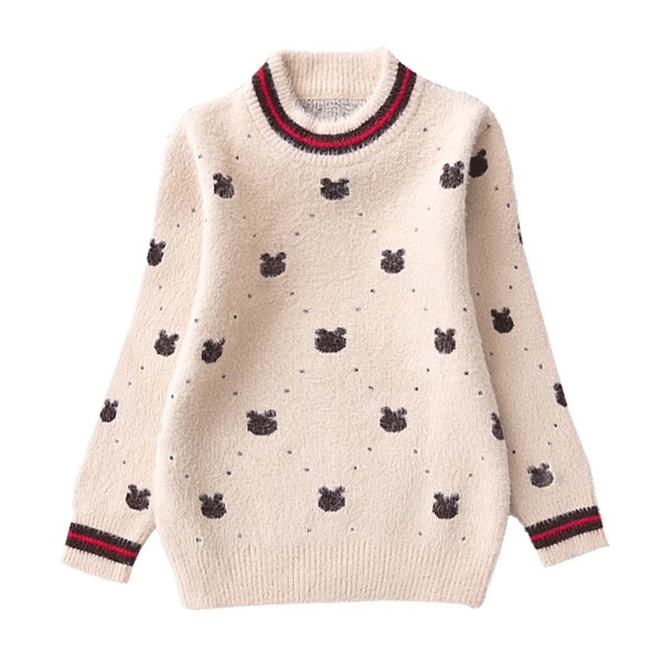 

Girls Polka Dot & Cartoon Pattern Fluffy Knit Sweater, Beige