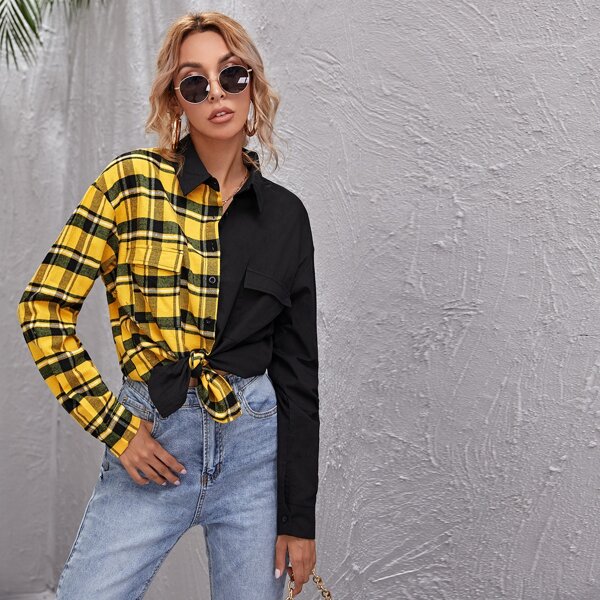 

Button Front Plaid Print Color Block Top, Multicolor